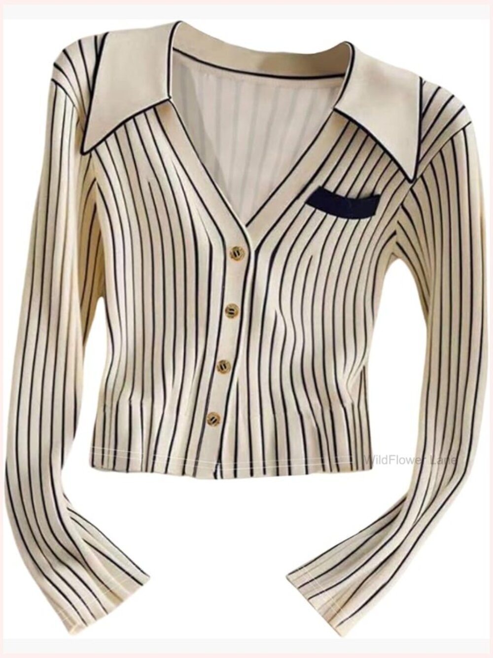 Striped Button Front Long Sleeve Collared T-Shirt Fitted